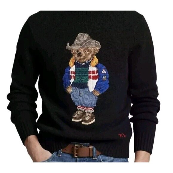 $448 NWT NEW Men's Polo Ralph Lauren Iconic Polo Cowboy Bear Sweater Black XL - Picture 1 of 5